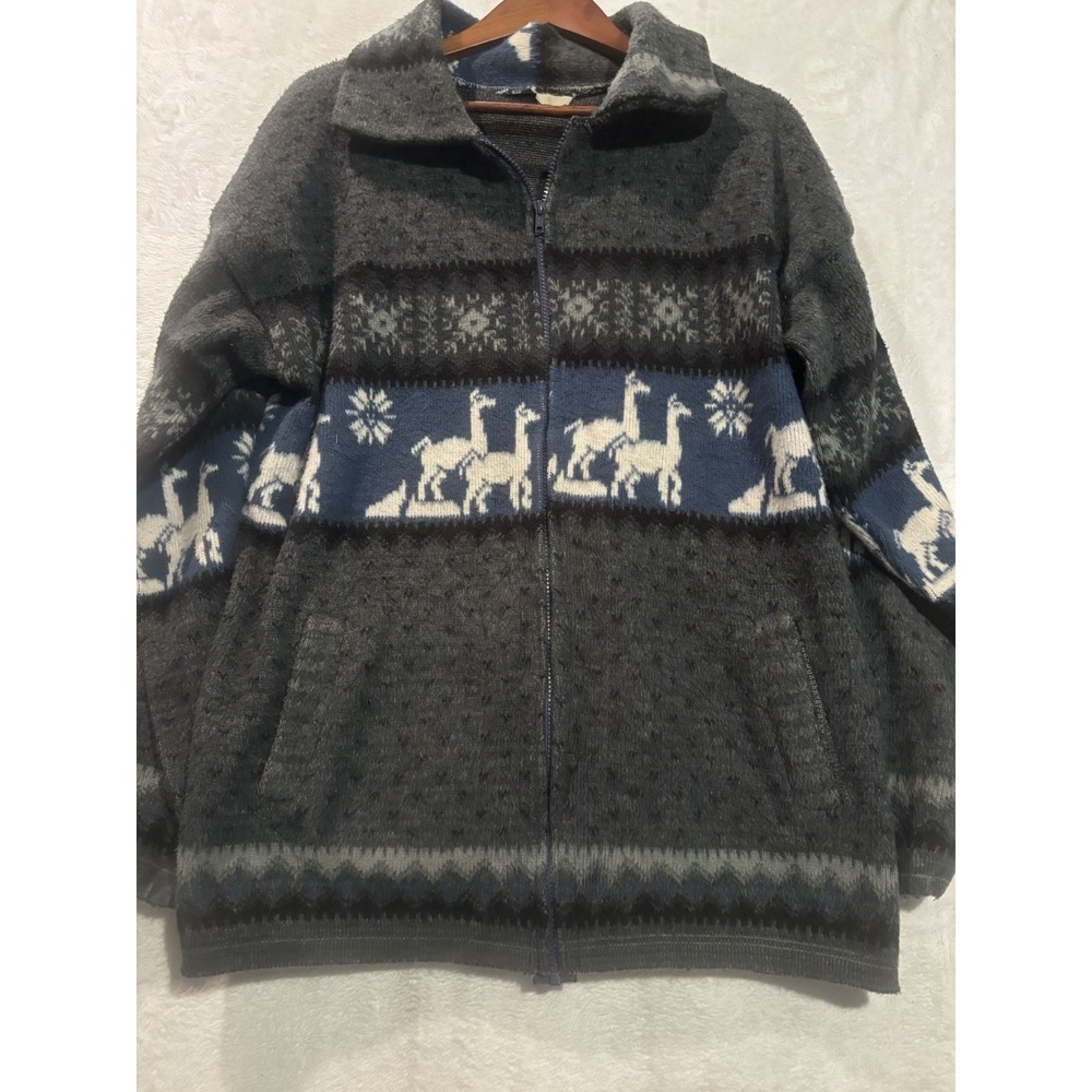 Vintage Nordic Sweater Warm Gray Blue Full Zip L/XL Collar‎ Y2K Pockets Cozy
